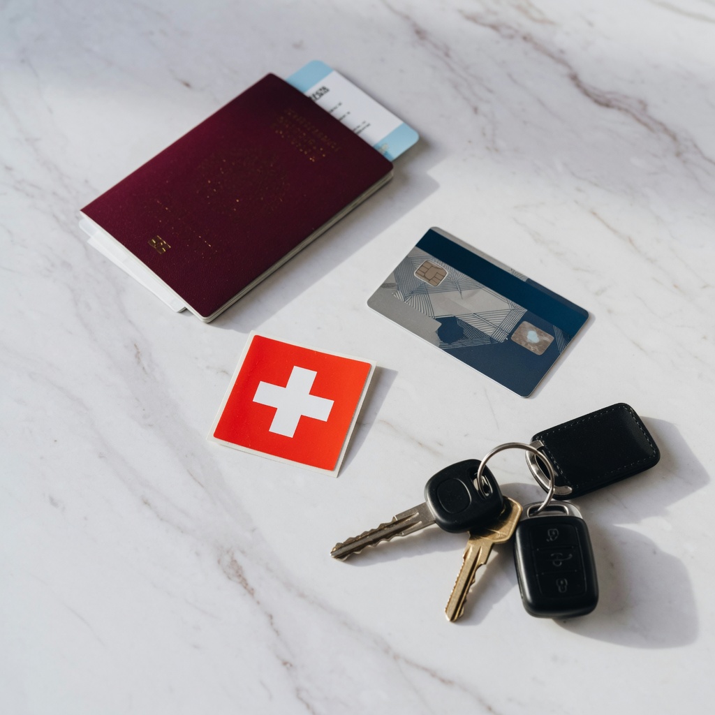 Reiseunterlagen und Vignette für die Schweiz-Fahrt